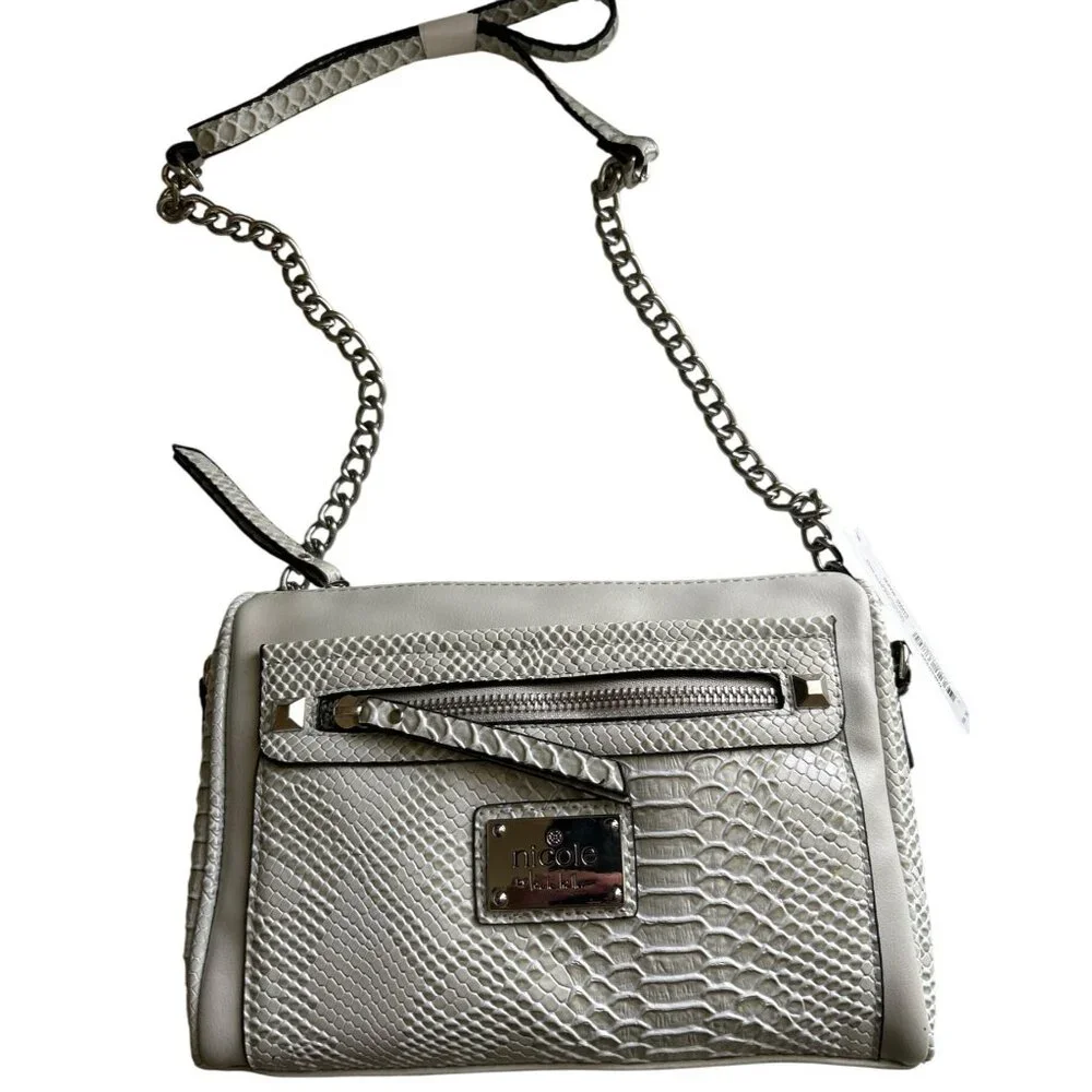 Nicole Miller Faux Snakeskin “Tess” Gray Crossbody Bag With Chain Strap